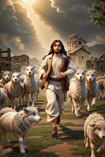 Gesù corre verso il lupo e l'agnello