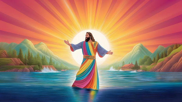 Gesù Cristo cammina sull'acqua sul mare con i colori dell'arcobaleno