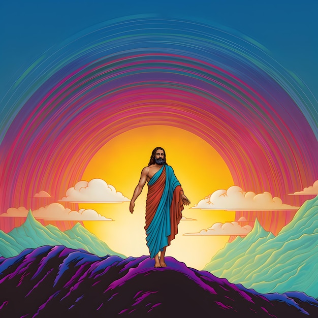 Gesù Cristo cammina sull'acqua sul mare con i colori dell'arcobaleno