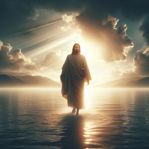 Gesù Cristo che cammina sul mare al tramonto Immagine vintage