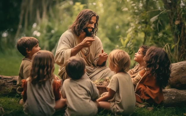 Gesù Cristo che parla ai bambini Gesù e i bambini che sorridono Generazione AI