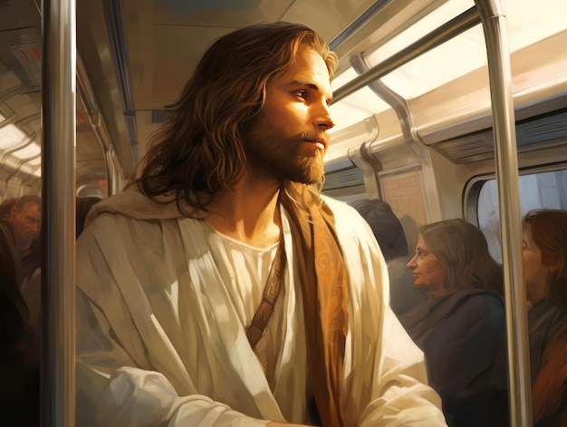 Gesù Cristo che viaggia nella metropolitana seduto da solo tra la gente