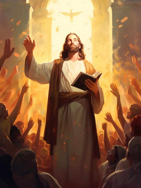 Gesù Cristo di Nazaret alza lo sguardo e tiene in mano una folla di persone nella Bibbia sullo sfondo