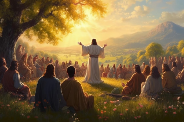 Gesù Cristo legge un sermone davanti a una folla di credenti