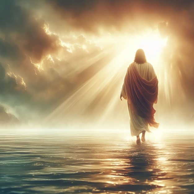 Gesù Cristo nell'acqua al tramonto con i raggi di luce che arrivano attraverso le nuvole