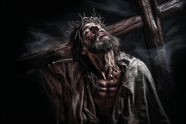 Gesù Cristo porta la sua croce sul Golgota Bibbia Fede Tormento e sofferenza Dando la sua vita per i nostri peccati La via difficile Simbolo cristiano della fede Calvario Dio IA generativa
