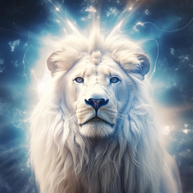 Gesù Cristo raffigurato come un leone bianco ultraluminoso con corona e occhi blu