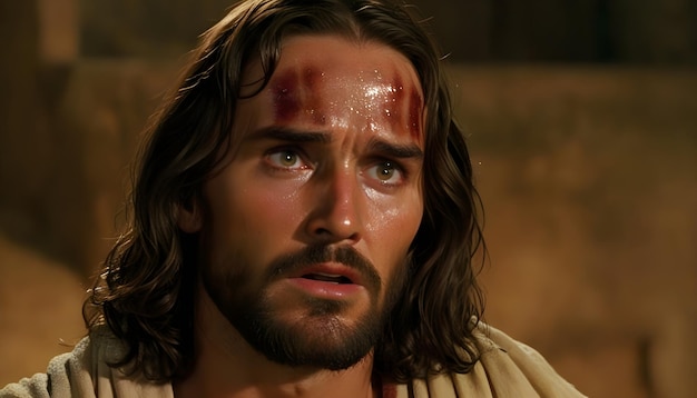 Gesù durante un momento di profondo sacrificio Il suo volto riflette l'intensità dell'esperienza umana