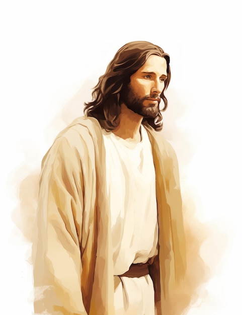 Gesù è in piedi di fronte a uno sfondo bianco