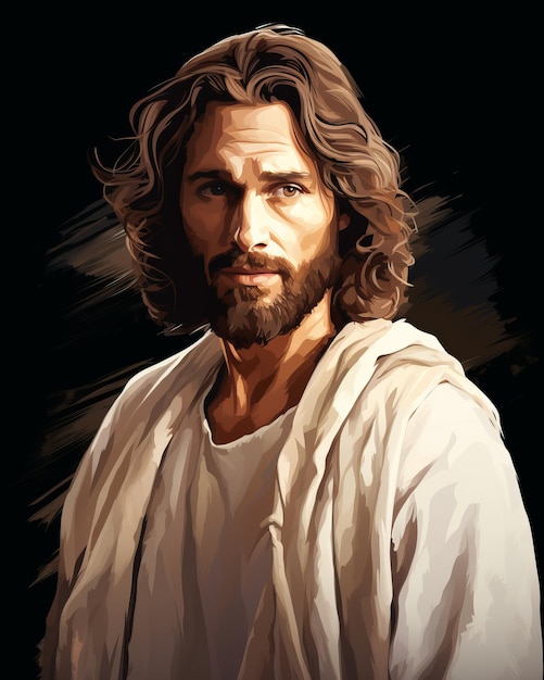 Gesù in abito bianco con i capelli lunghi