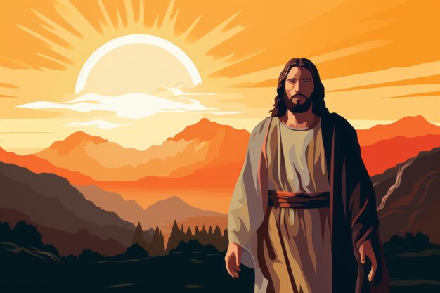 Gesù in piedi di fronte a una montagna con il sole sullo sfondo