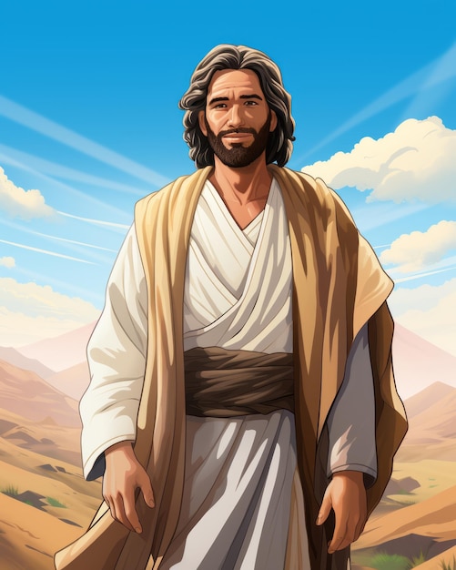 Gesù in piedi nel deserto con una nuvola sullo sfondo