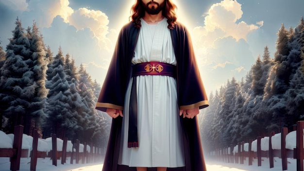Gesù in piedi nella neve con le parole gesù sul davanti