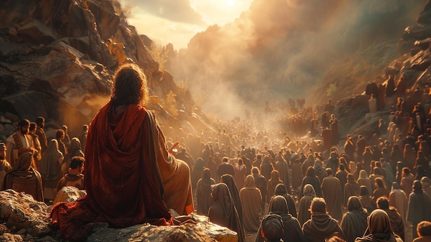 Gesù insegna alle folle su una parete di montagna