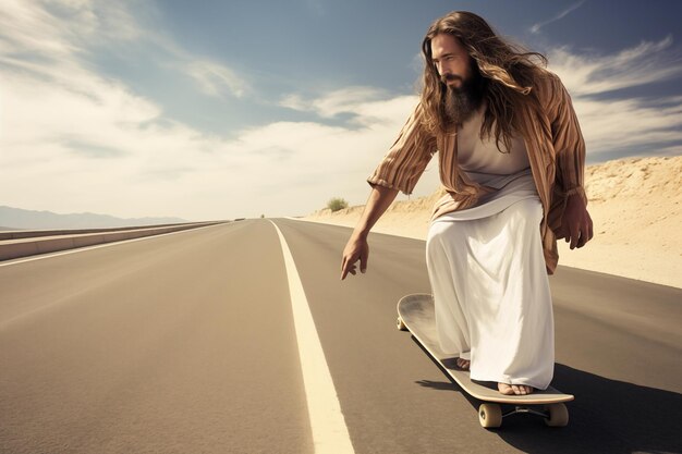 Gesù pensieroso che indossa la veste biblica che cavalca una lunga tavola sulla strada nel deserto da solo AI generativa