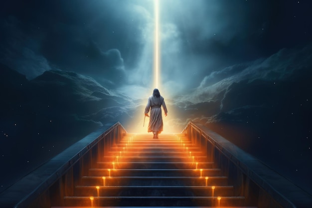 Gesù percorre i gradini verso il cielo un raggio di luce alla fine