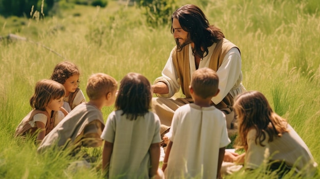 Gesù sta istruendo i bambini in un paesaggio verde con la pelle chiara GENERATE AI
