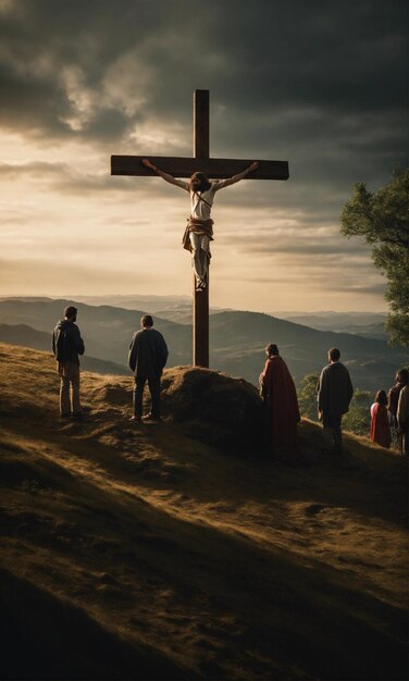 Gesù sulla croce su una collina con la gente attorno a lui foto surreale fujifilm xt3 all'aperto