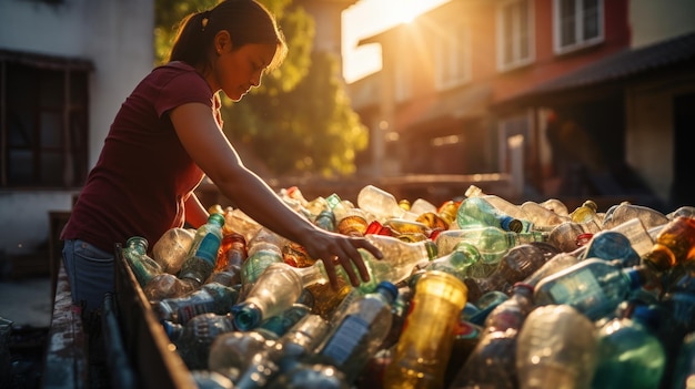 getta bottiglie di plastica nei contenitori di riciclaggio davanti al suo appartamento
