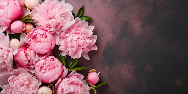 gettare fiori di peonia piatti su uno sfondo rosa confine di fiori rosa con spazio per il testo