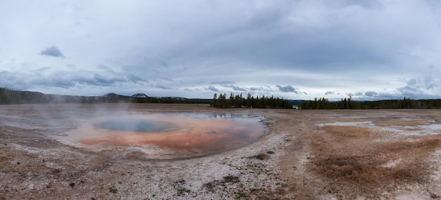 Geyser termale con acqua colorata nel paesaggio americano