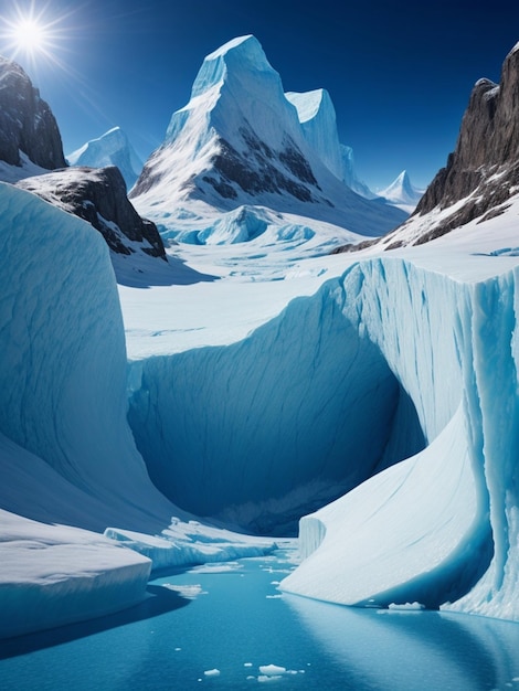 Ghiacciaio panoramico con flusso d'acqua