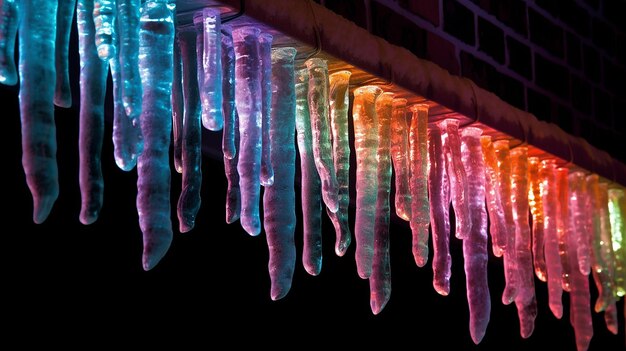 Ghiaccioli colorati appesi al tetto in una fredda giornata invernale