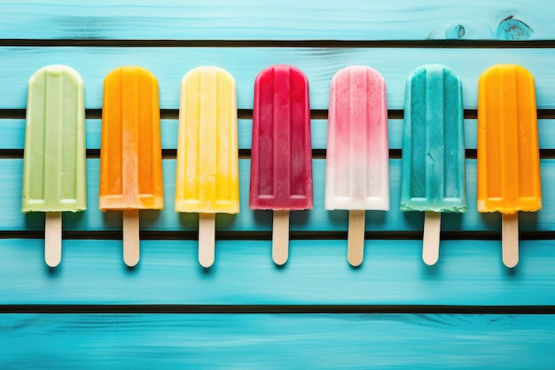 Ghiaccioli colorati su sfondo di legno blu Vista dall'alto con spazio per la copia Gelato di ghiaccioli colorati su sfondo di legno turchese Generato dall'intelligenza artificiale