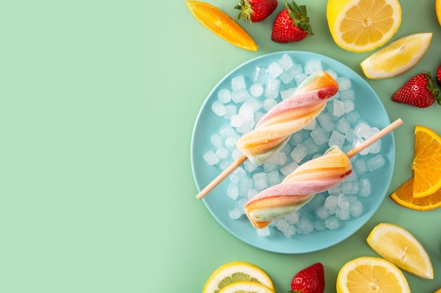 Ghiacciolo colorato a spirale con frutta su verde