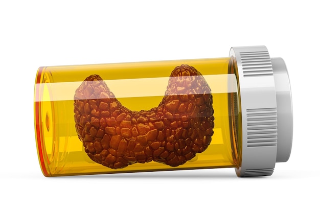 Ghiandola tiroidea all'interno della bottiglia medica dalle pillole Medicinali per il rendering 3D del concetto di malattia della tiroide