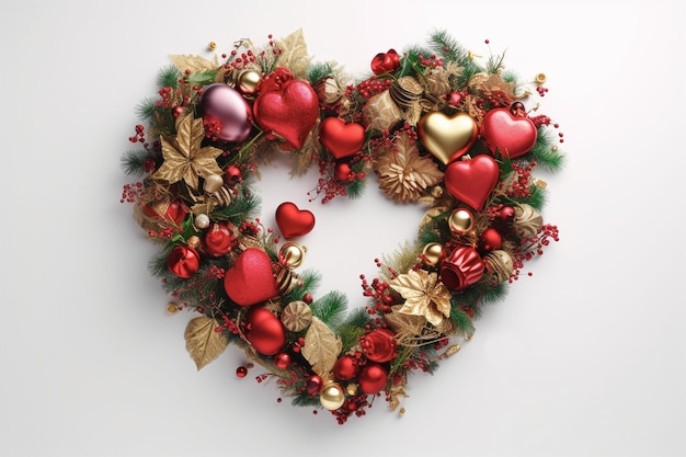 Ghirlanda a forma di cuore creata con decorazioni natalizie su sfondo isolato