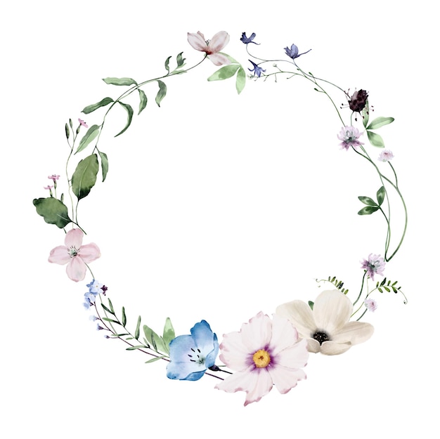 Ghirlanda ad acquerello con fiori e foglie selvatiche