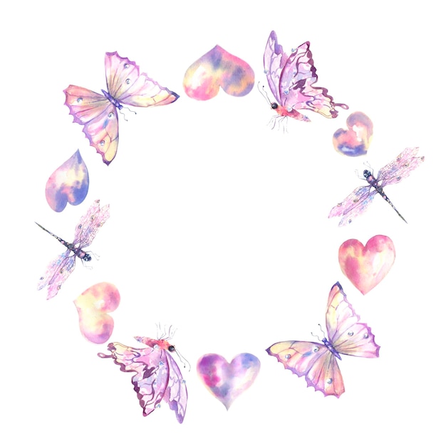 Ghirlanda con cuori delicate farfalle viola e rosa libellule acquerello illustrazione cornice po