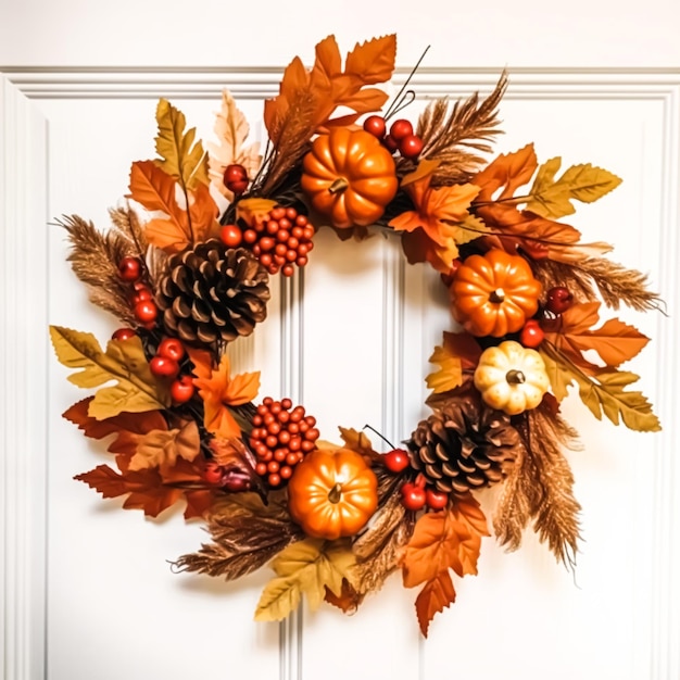Ghirlanda d'autunno come decorazione sulla porta bianca che accoglie la stagione delle vacanze autunnali con decorazioni autunnali postelaborate generative ai