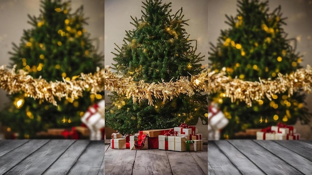 Ghirlanda d'oro sfocata sull'albero di Natale come sfondo e tavolo di legno come primo piano