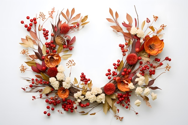 ghirlanda decorativa fatta di foglie secche, bacche e fiori che adornano una porta per la stagione