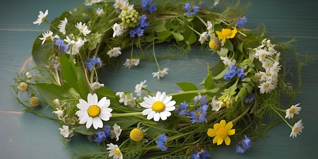 Ghirlanda di corona estiva di fiori selvatici di margherite e fiori di mais su uno sfondo di legno