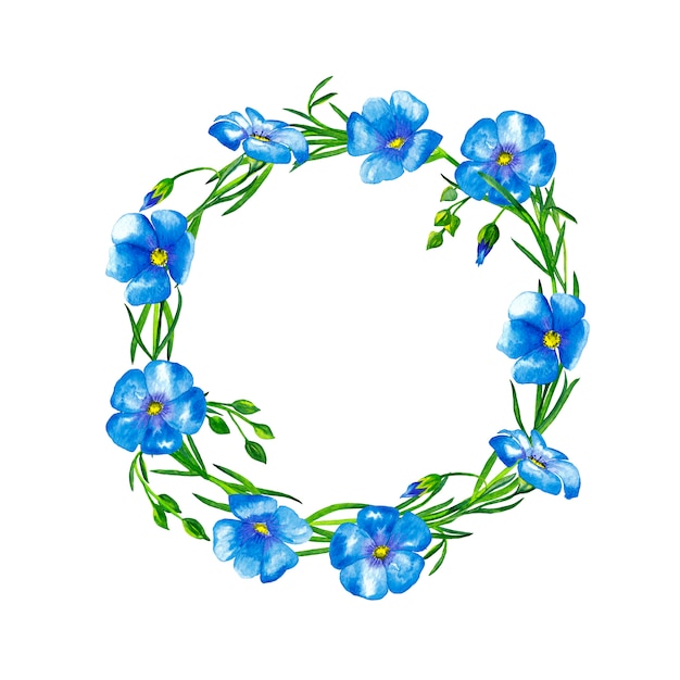 Ghirlanda di fiori di lino blu con steli e gemme. Pittura ad acquerello