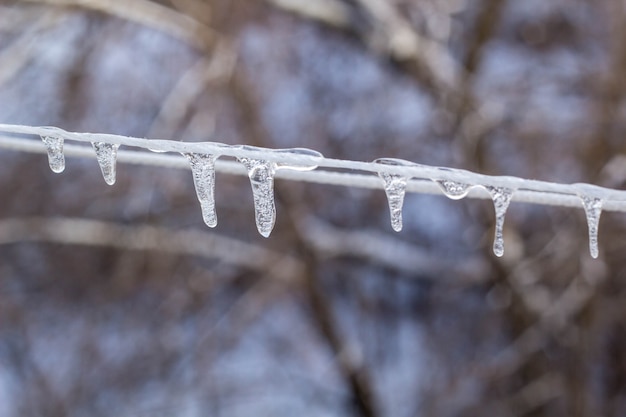 Ghirlanda di ghiaccioli su una corda in inverno.