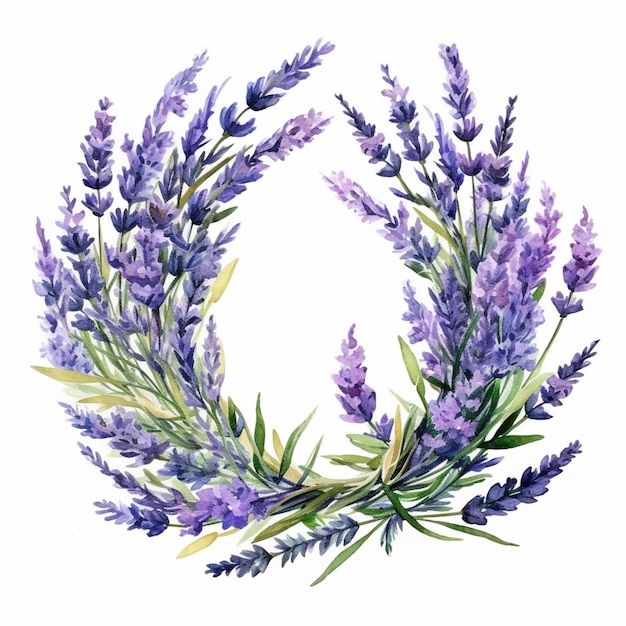 Ghirlanda di lavanda con foglie e fiori su sfondo bianco ai generativa