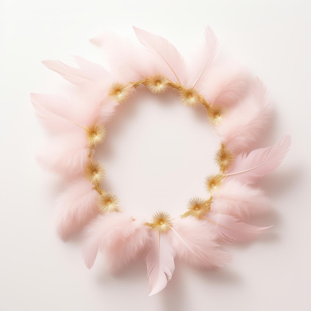 Ghirlanda di Natale adornata con piume rosa morbide e delicate perle d'oro