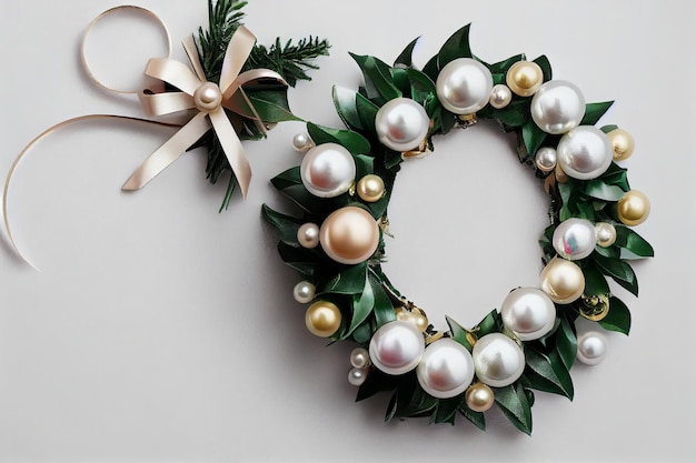 Ghirlanda di Natale di lusso con nastri di giocattoli di Natale perla dorata rossa stelle pino isolato su sfondo bianco