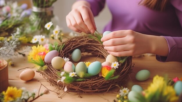 Ghirlanda di Pasqua fatta a mano con uova colorate e fiori primaverili Processo di assemblaggio Closeup