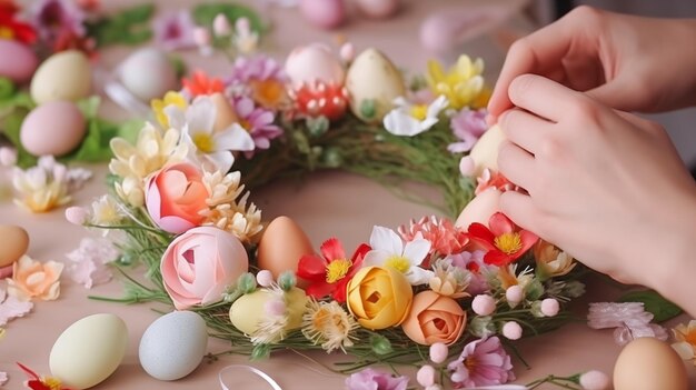 Ghirlanda di Pasqua fatta a mano con uova colorate e fiori primaverili Processo di assemblaggio Closeup