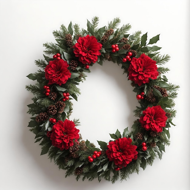 Ghirlanda floreale 2D semplice e dettagliata a tema natalizio su sfondo bianco