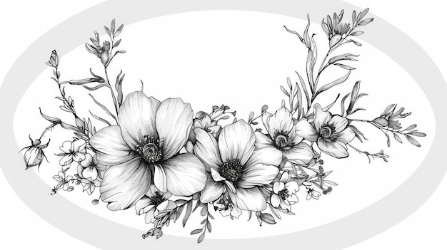 Ghirlanda floreale bianca e nera con fiori primaverili Illustrazione botanica vintage moderna