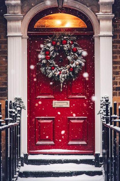 Ghirlanda natalizia e decorazione su una classica porta rossa durante le vacanze invernali nevicate Auguri di buon Natale e buone feste ai generativa