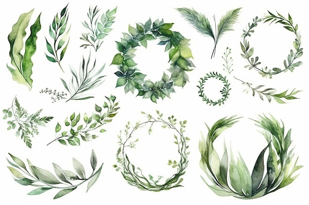 Ghirlande acquerello con foglie verdi e rami su sfondo bianco
