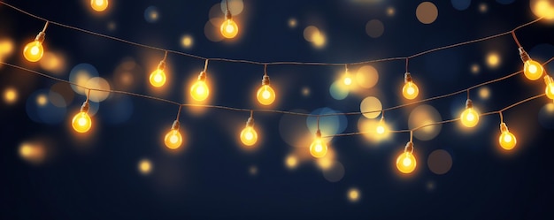 Ghirlande di luci natalizie appese realistiche su sfondo blu scuro con effetto bokeh