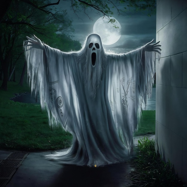 Ghost con le braccia spalancate in piedi vicino al muro nel parco